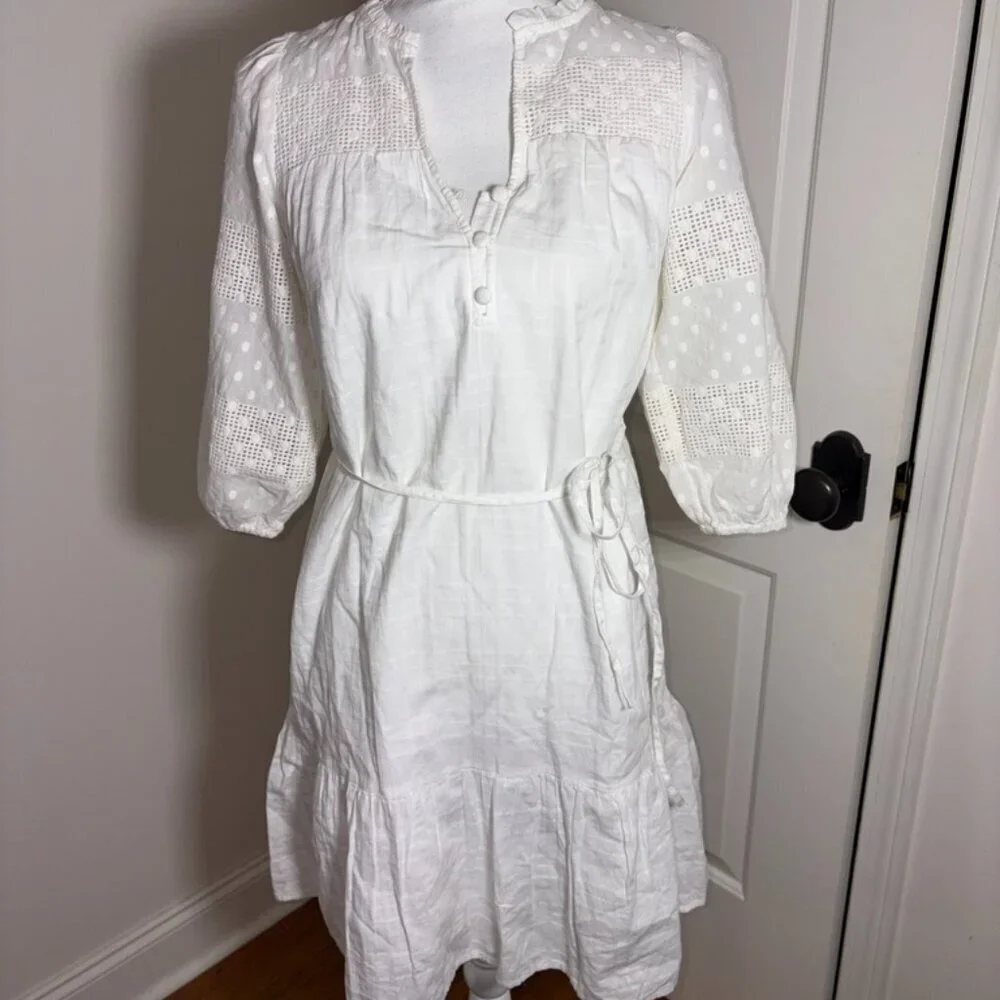 NEW NWT Ann Taylor Loft Dotted Lace Trim Flounce Swing Dress White Cotton XXS